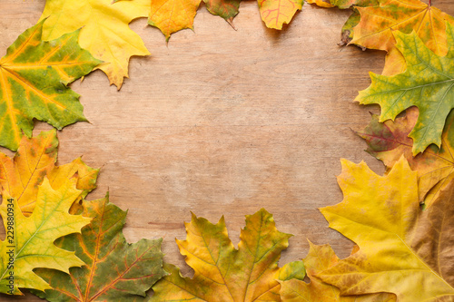 Obraz na płótnie Frame made of autumn leaves on wooden background w salonie
