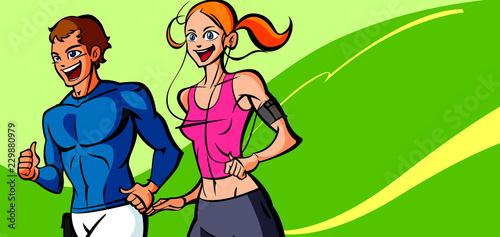 Man and a woman jogging together with a pedometer on the woman's arm