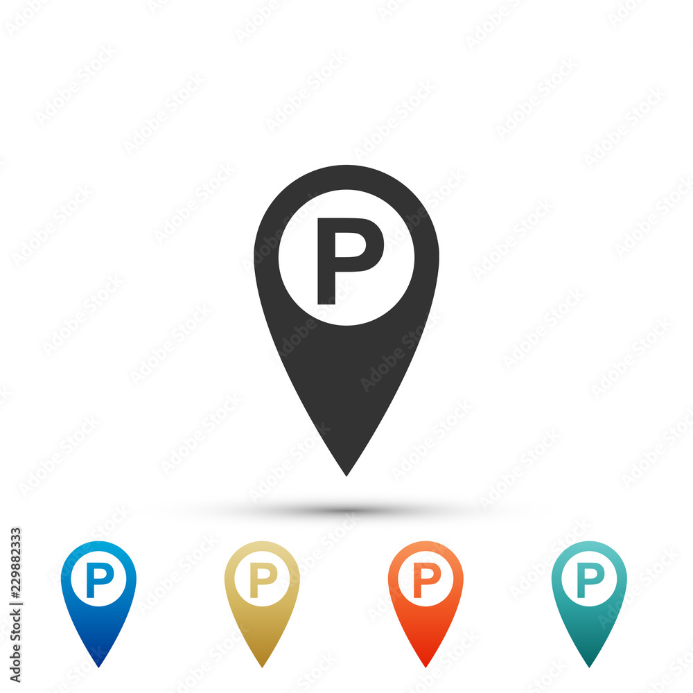 Map pointer with car parking sign isolated on white background. Set elements in colored icons. Flat design. Vector Illustration Map pointer with car parking sign isolated on white background. Set elements in colored icons. Flat design. Vector Illustration