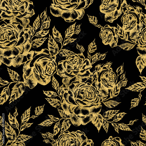 Beautiful graphic pattern with roses flowers and leaves.