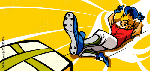 Baseball player sliding towards the home base