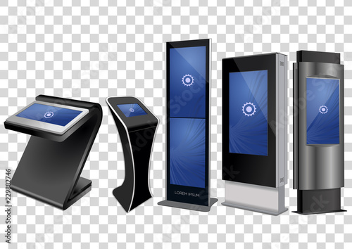 Five Promotional Interactive Information Kiosk, Advertising Display, Terminal Stand, Touch Screen Display isolated on transparent background. Mock Up Template.
