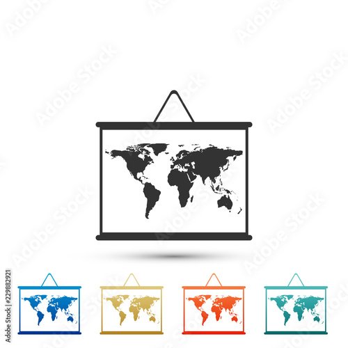 World map on a school blackboard icon isolated on white background. Drawing of map on chalkboard. Set elements in colored icons. Flat design. Vector Illustration