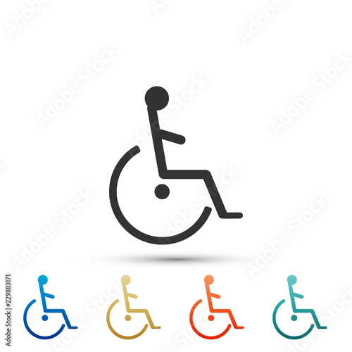 Disabled handicap icon isolated on white background. Wheelchair handicap sign. Set elements in colored icons. Flat design. Vector Illustration