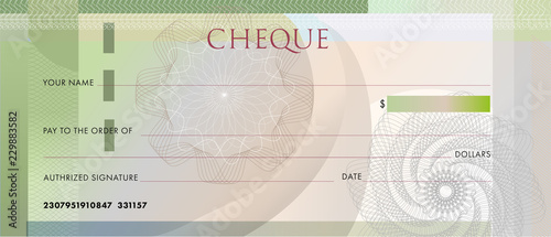 Check template, Chequebook template. Blank green business bank cheque with guilloche pattern rosette and abstract watermark. Background for voucher, banknote design, , gift certificate, ticket, coupon