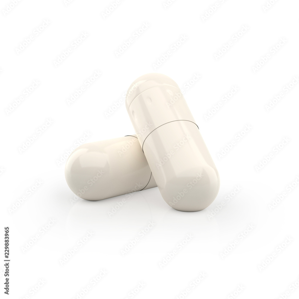 Two capsules supplement on white background. 3d pill isolated. Two capsules supplement on white background. 3d pill isolated.