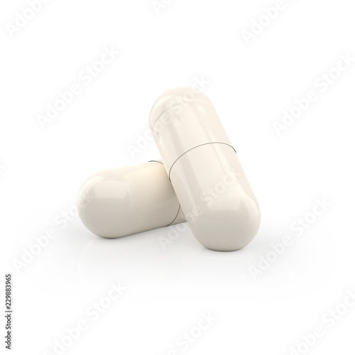 Two capsules supplement on white background. 3d pill isolated. photo