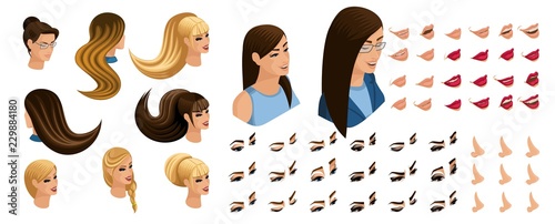 Isometric Create emotions for your character, young girl. Set beautiful hairstyles and emotions, sadness, joy, happiness. Different make-up of lips, eyes