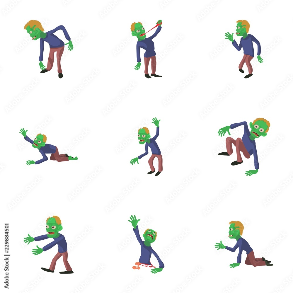 Zombie style icons set. Cartoon set of 9 zombie style vector icons for web isolated on white background