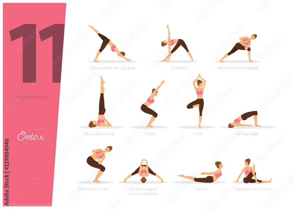 11 Yoga illustration to detox your body - obrazy, fototapety, plakaty 
