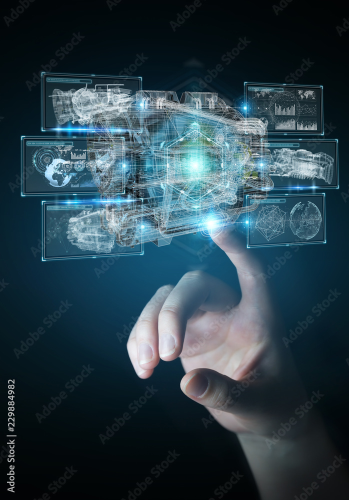 Businesswoman using wireframe holographic 3D digital projection of an engine - obrazy, fototapety, plakaty 