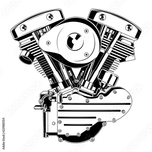 Vector black and white image of a motorcycle engine.
