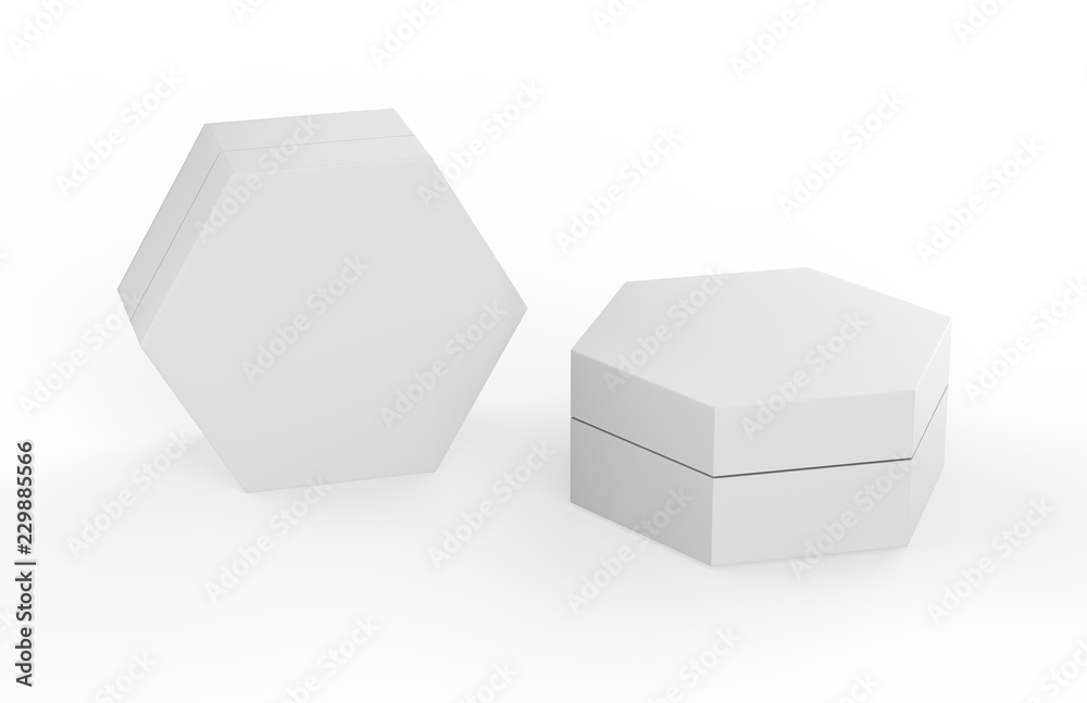 Blank White Cardboard Hexagon Packaging Box, Mock Up Template On Isolated White Background, 3D Illustration Blank White Cardboard Hexagon Packaging Box, Mock Up Template On Isolated White Background, 3D Illustration