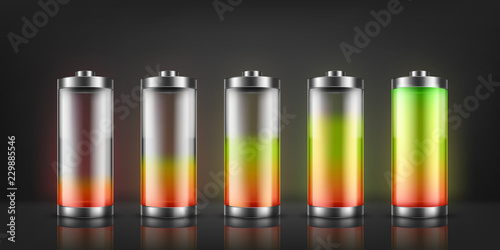 Vector set of battery charge indicators with low and high energy levels isolated on background. Full charged and discharged accumulators with colorful glow. Icons for gadget interfaces, mobile apps