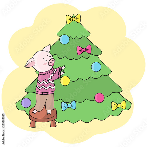 Vector piggy dresses up a Christmas tree