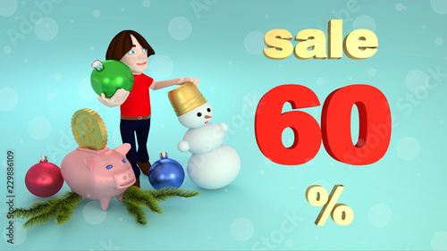 New Year and Christmas sales sixty percent. 3D rendering