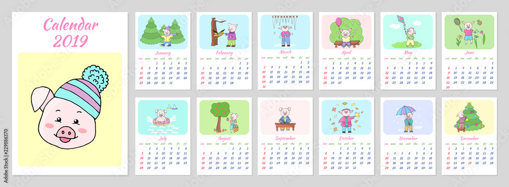 Calendar for 2019 new year with a happy pig Calendar for 2019 new year with a happy pig
