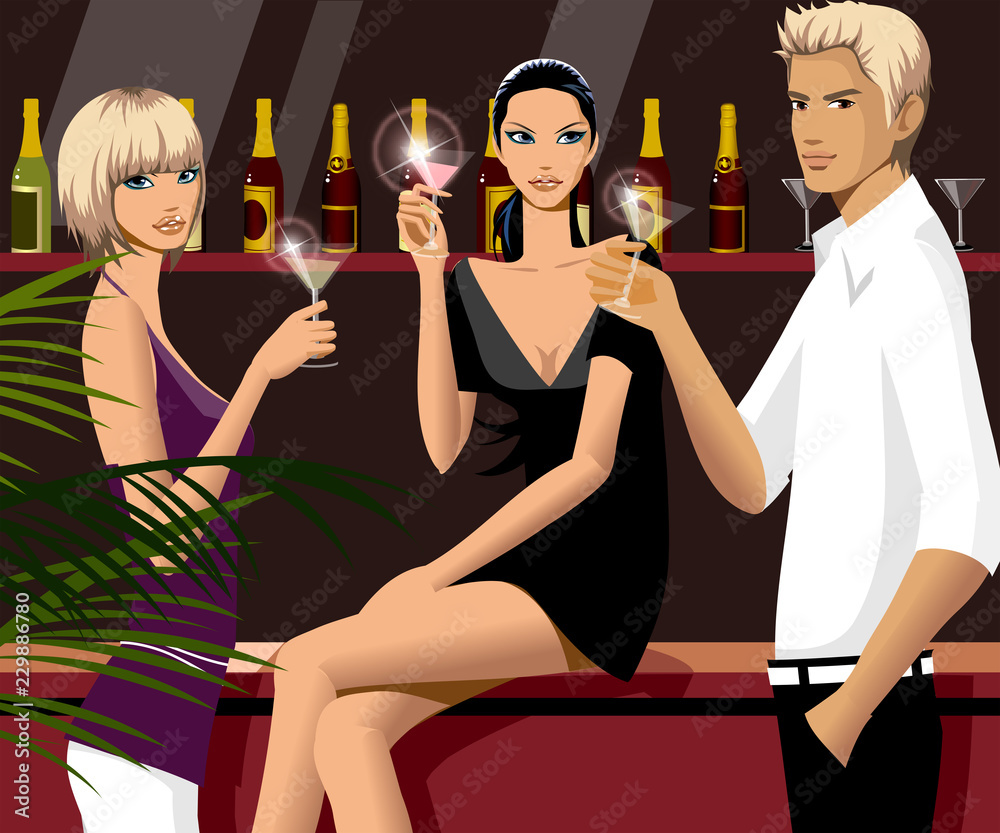 Portrait of a man with two women at a bar counter Portrait of a man with two women at a bar counter