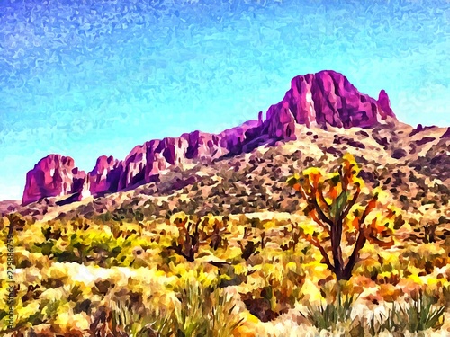 Hand drawing watercolor art on canvas. Artistic big print. Original modern painting. Acrylic dry brush background. Wonderful mountain landscape. Canyon savanna resort. Travel time