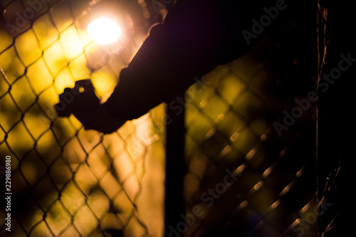 silhouette of an arm and hand on a chainlink fence at night