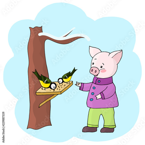 Vector pig feeds crumbs and sunflower seeds in the feeder birds chickadees in the winter. Symbol of 2019 new year.