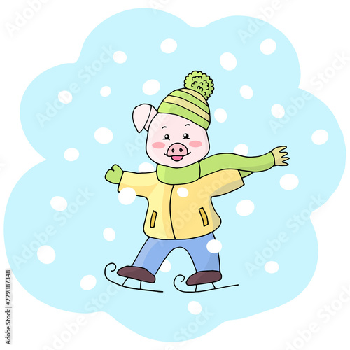 Vector pig in winter hat, scarf, jacket, skating in winter. Symbol of 2019 new year.