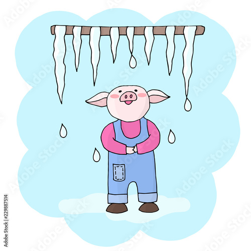 Vector pig in a blue jumpsuit looking at melting icicles in early spring. Symbol of 2019 new year.