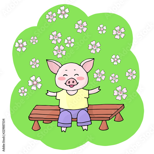 Vector pig sits on a bench and enjoys a blooming spring