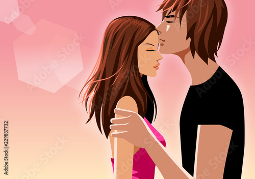 Side profile of a man kissing a woman's forehead