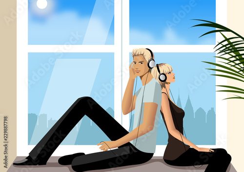 Side profile of a couple sitting back to back on a window sill and listening to headphones