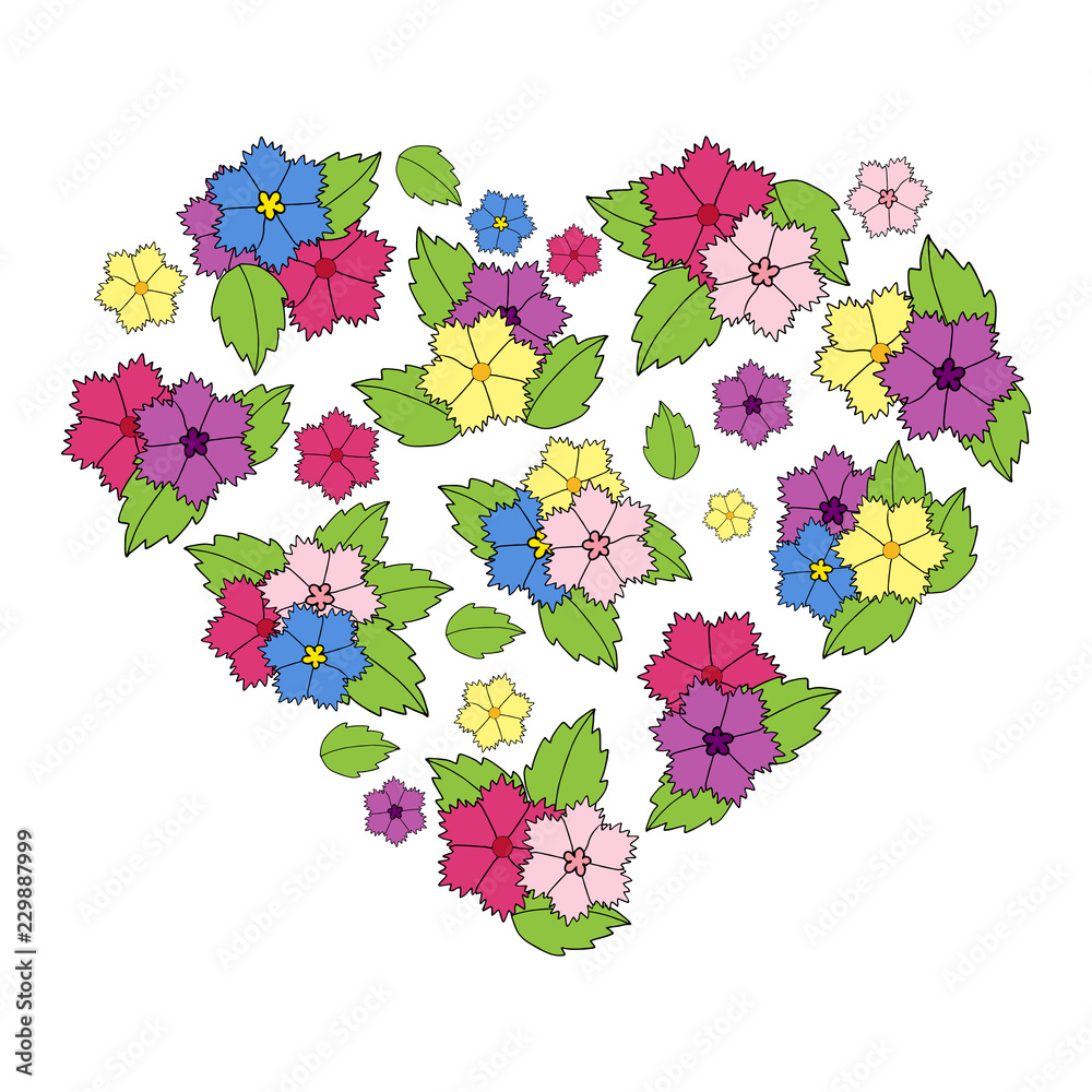 Heart of multi-colored flowers in the style of dudling Heart of multi-colored flowers in the style of dudling