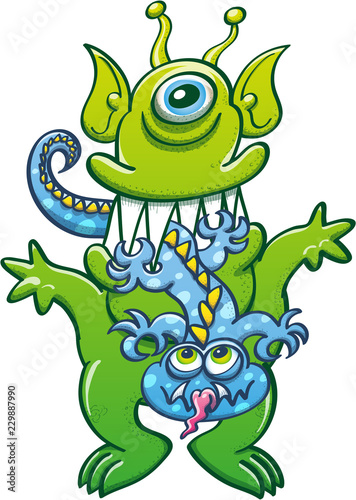 Alien green monster with pointy ears and sharp fangs chewing a lizard-like blue monster. The big monster has a defiant attitude while the little one asks for clemency and sticks its tongue out