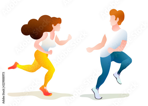 Young guy and pretty girl in running poses isolated on white, textured flat concept illustration