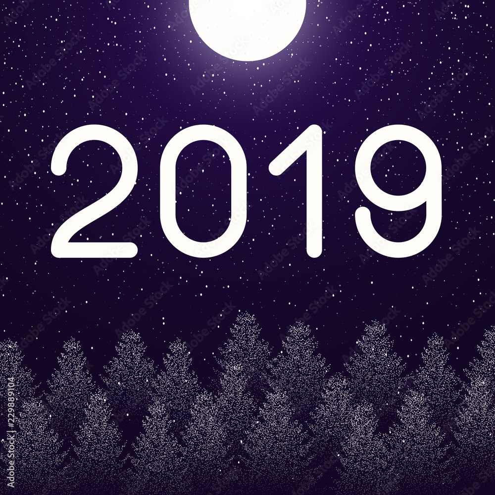 New Year 2019 card with winter landscape and snow.