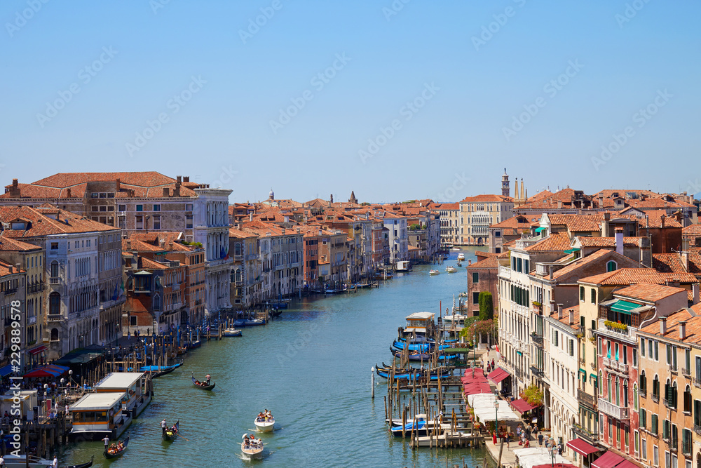 Grand Canal in Venice, aerial view with clear blue sky in summer in Italy