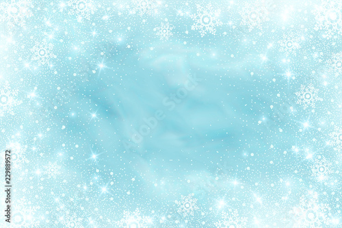 Snow frost effect on blue background. Vector Illustration. Abstract bright white shimmer lights and snowflakes. Glowing blizzard. Scatter falling round particles.