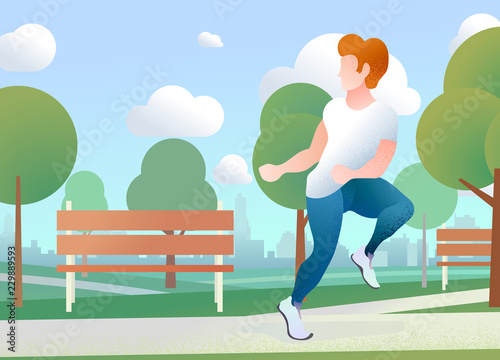 Young guy run in a urban park with city skyline on the background, flat concept illustration with text place