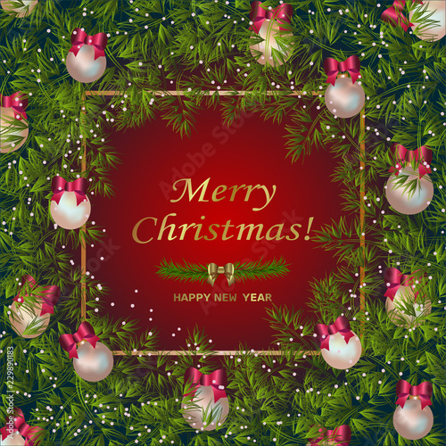 Postcard with pearly Christmas tree toys. Falling Golden confetti. Gold lettering Merry Christmas and Happy New Year. Vector Illustration for holiday greeting card.