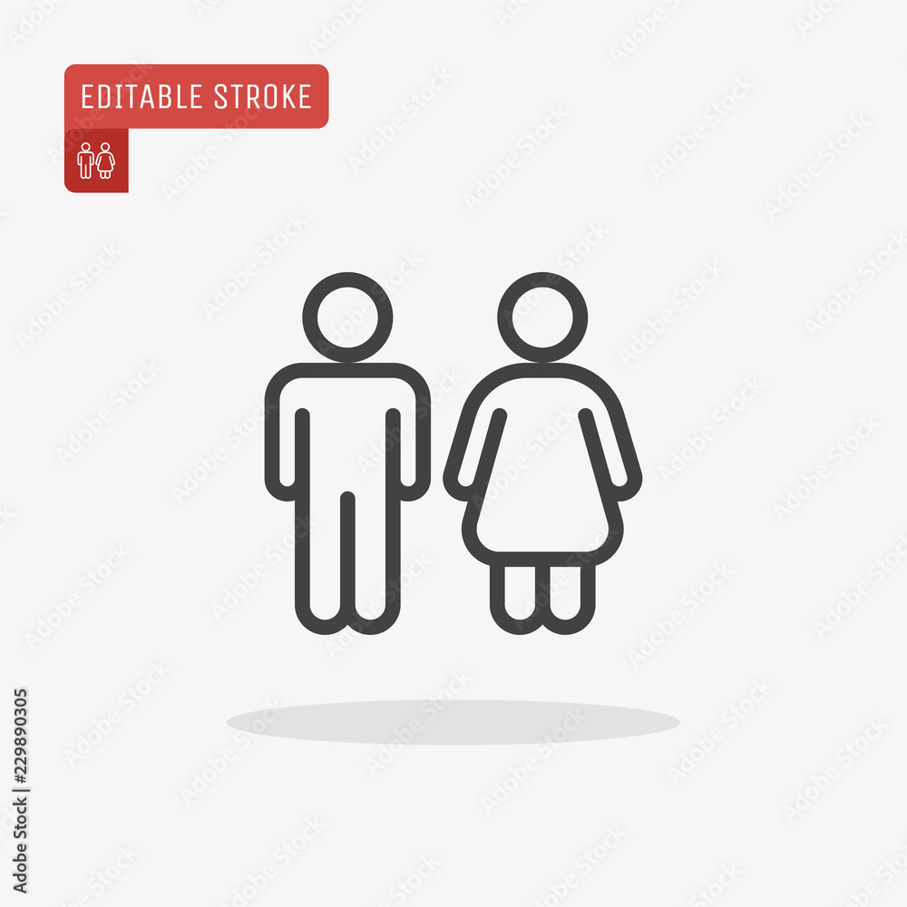 Outline man and woman icons isolated on grey background. Line Toilet pictogram. Restroom symbol for website design, mobile application, ui. Editable stroke. Vector illustration, eps10. Outline man and woman icons isolated on grey background. Line Toilet pictogram. Restroom symbol for website design, mobile application, ui. Editable stroke. Vector illustration, eps10.
