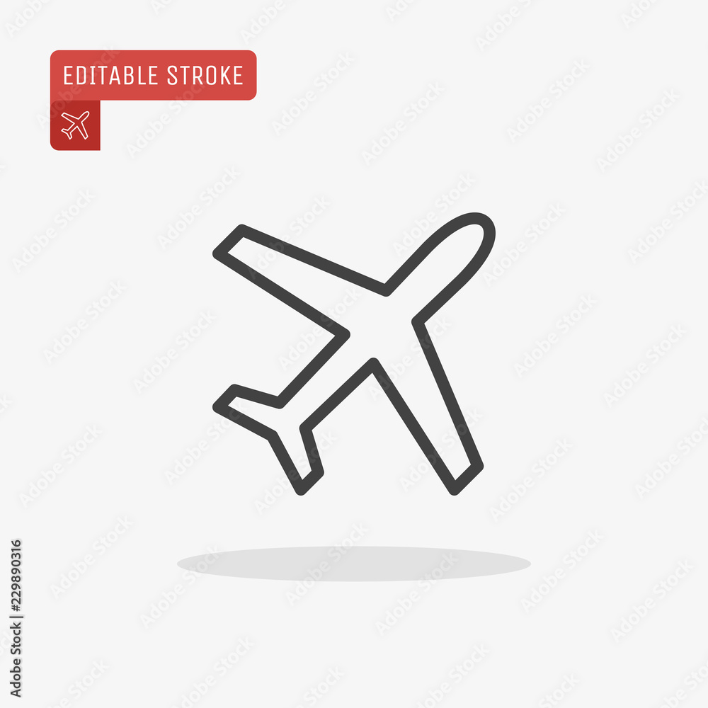 Outline Airplane icon isolated on grey background. Line Plane pictogram. Travel symbol for website design, mobile application, logo, ui. Editable stroke. Vector illustration. Eps10.