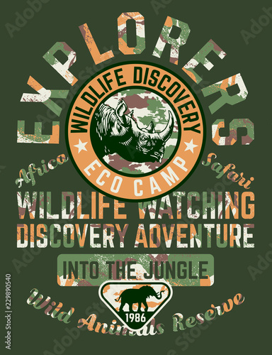 Africa park photo safari wildlife watching  vector artwork for boy t shirt with badges applique
