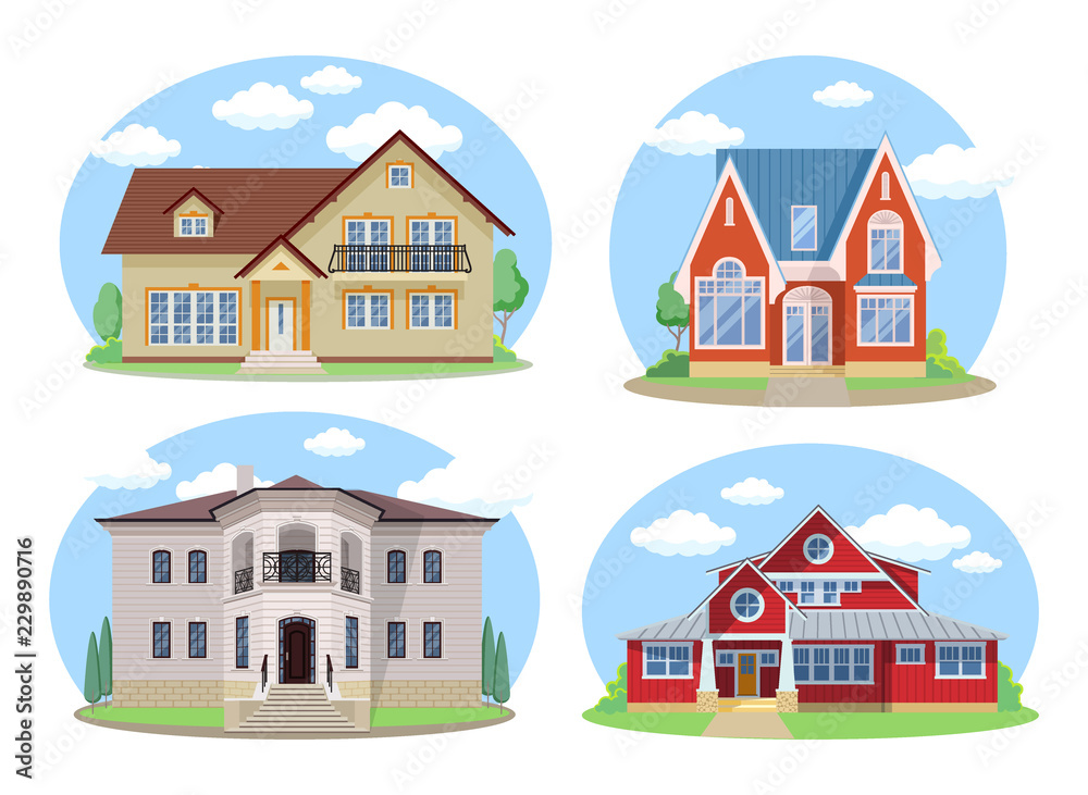 Vector Buildings Set. Flat Design Houses Isolated on White Background. cartoon house exterior with blue clouded sky Front Home Architecture Concept Flat Design Style.