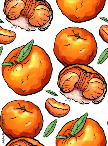 Seamless pattern of color cartoon illustrations of mandarin and citrus on white background. Vector texture for wrapper, wallpaper, textile and your creativity.