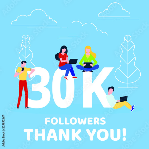 Thank you 30000 followers numbers postcard. People man  woman big numbers flat style design 30k thanks vector illustration isolated on blue background. Template for internet media and social network.