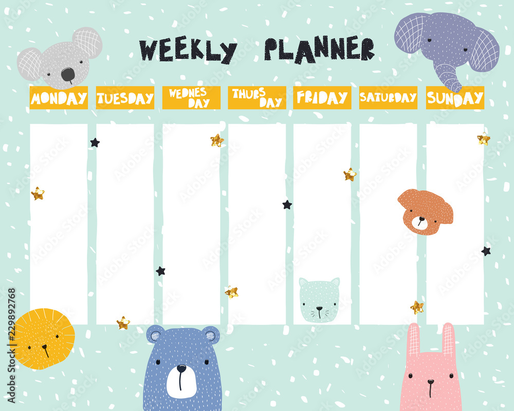 Cute kids weekly planner with animals. Vector hand drawn illustration ...
