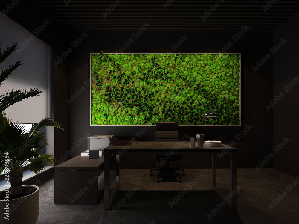 3d rendering green wall in modern office