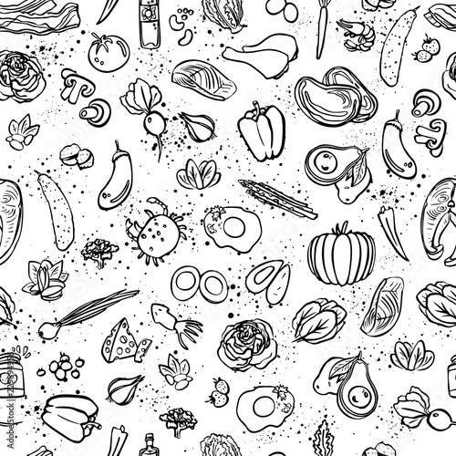 Ketogenic food vector seamless pattern, sketch. Healthy keto food - fats, proteins and carbs on endless vector pattern. Seamless Background with Low carbs keto diet food objects. Keto seamless pattern