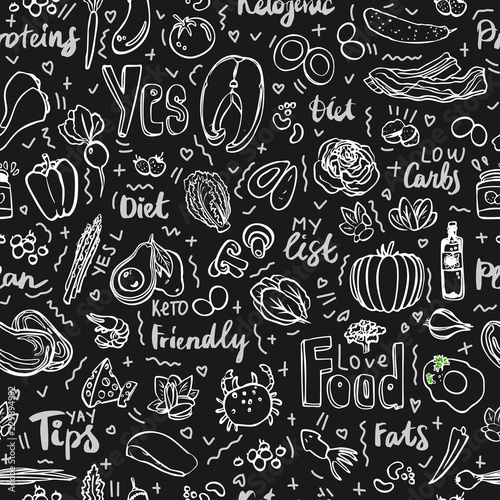 Ketogenic food vector seamless pattern, sketch. Healthy keto food - fats, proteins and carbs on endless vector pattern. Seamless Background with Low carbs keto diet food objects. Keto seamless pattern
