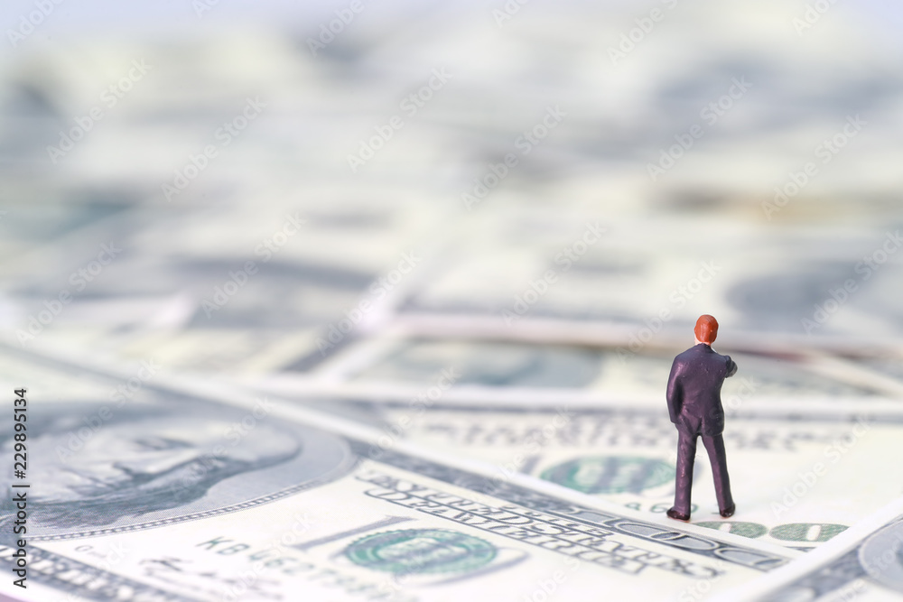 Miniature people: businessman standing and thinking on banknotes (Financial and Business competition concept). Miniature people: businessman standing and thinking on banknotes (Financial and Business competition concept).