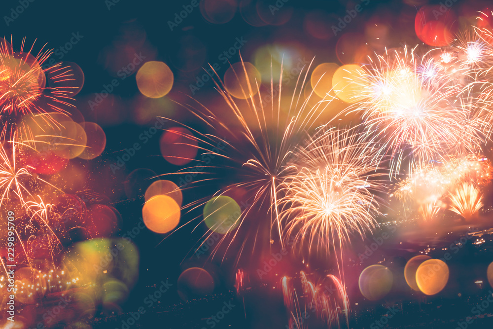 Fototapeta premium Fireworks and bokeh in New Year and copy space. Abstract background holiday.
